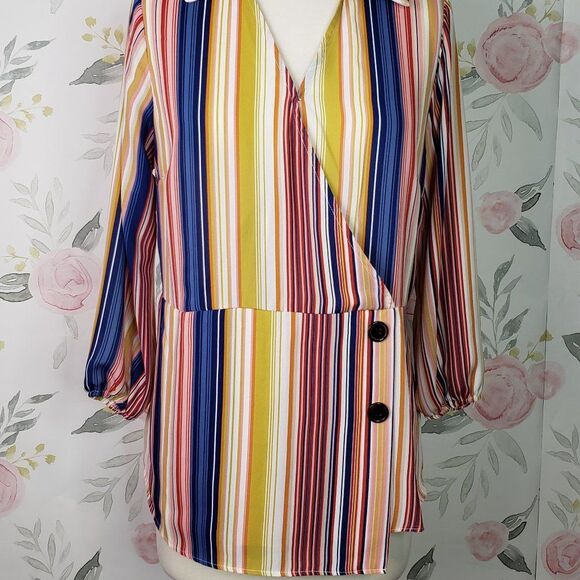 CUTE Yellow Striped Surplice Top Peplum Blouse womens M V Neck medium - Picture 2 of 9